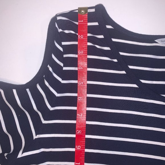 NWOT Isaac Mizrahi Live! Lg Blue/White Striped Cold Shoulder Maxi Dress Hi - Low - Picture 8 of 9